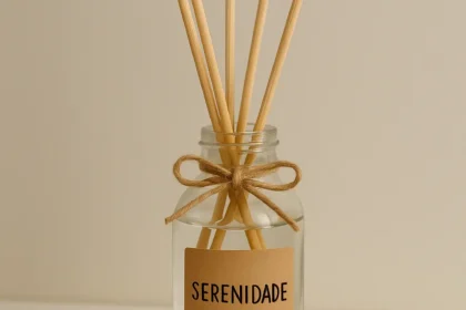 aromatizador de ambiente natural de vidro com líquido transparente e palitos difusores, decorado com laço de sisal e etiqueta com a palavra serenidade, sobre prateleira branca