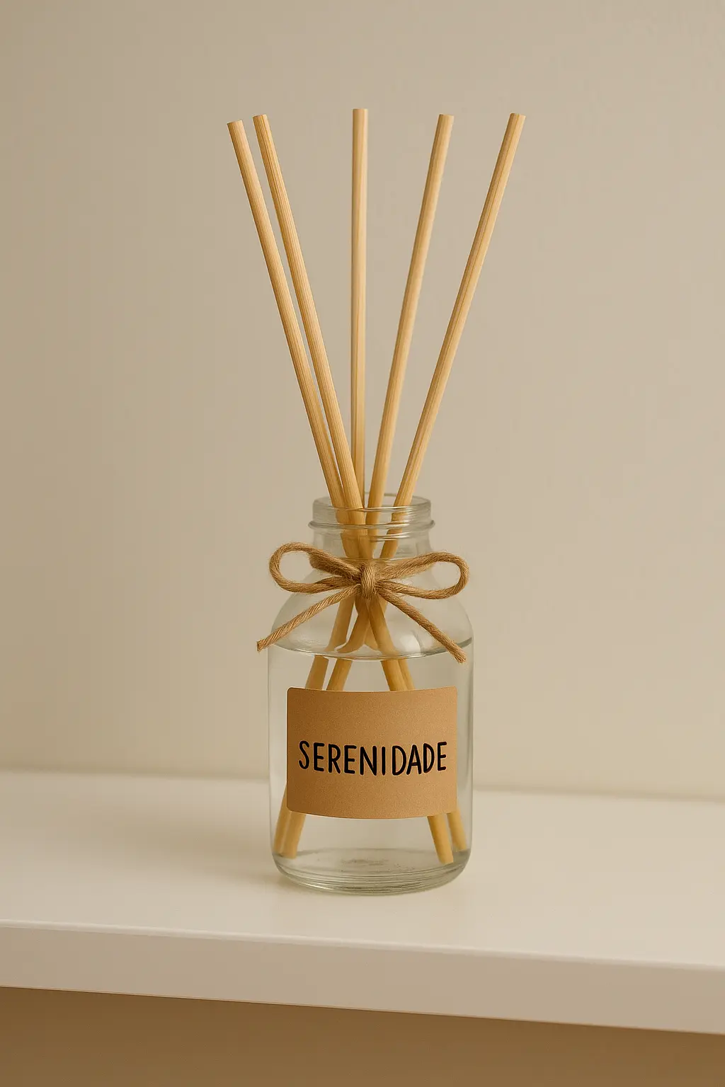 aromatizador de ambiente natural de vidro com líquido transparente e palitos difusores, decorado com laço de sisal e etiqueta com a palavra serenidade, sobre prateleira branca