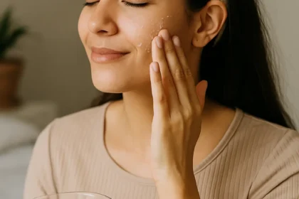 Mulher aplicando hidratação caseira no rosto com expressão relaxada e tigela de vidro com creme natural nas mãos