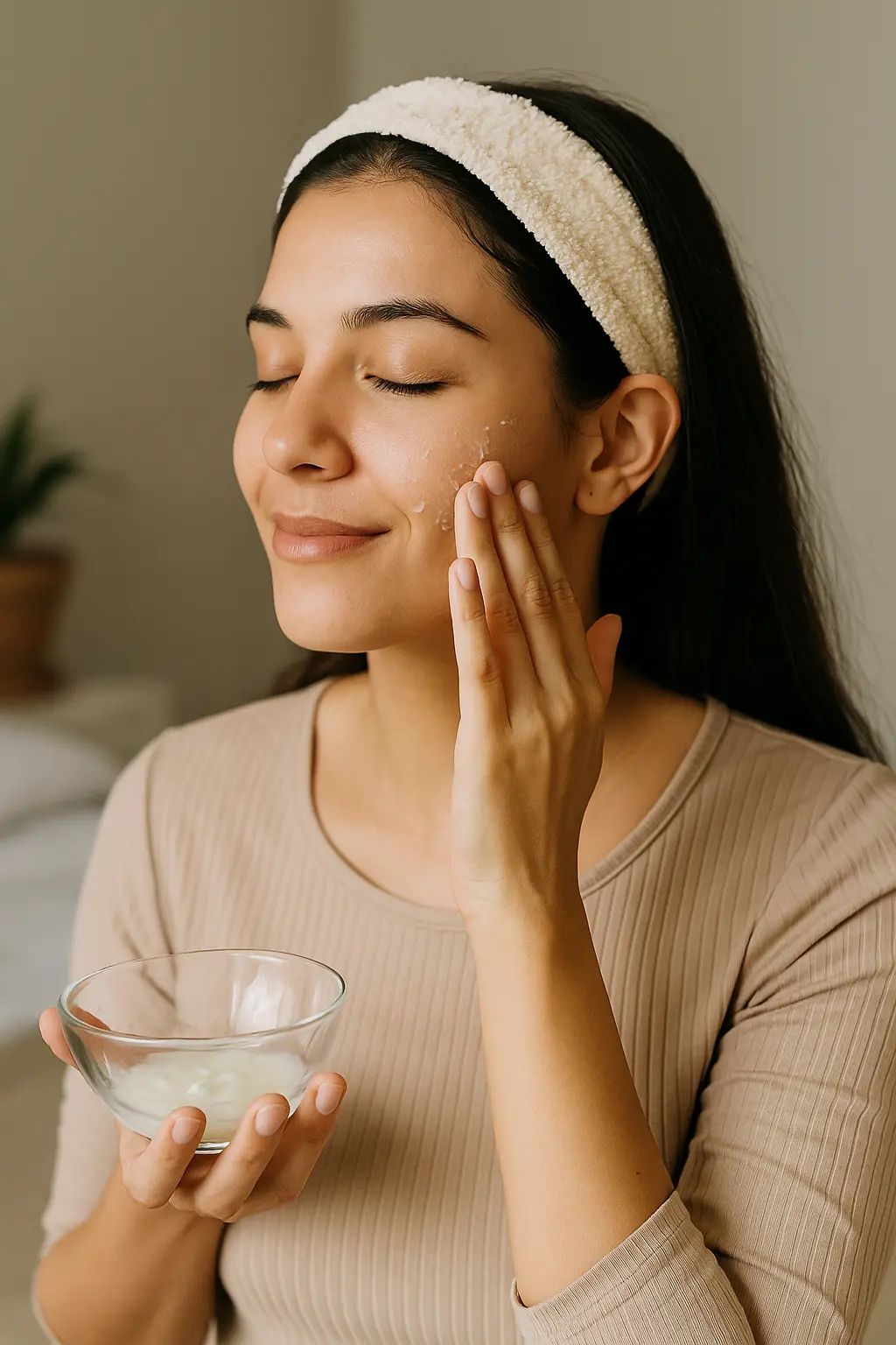 Mulher aplicando hidratação caseira no rosto com expressão relaxada e tigela de vidro com creme natural nas mãos