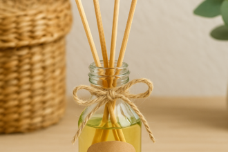 Aromatizador caseiro de varetas com líquido amarelo claro em frasco de vidro decorado com laço de sisal, sobre superfície de madeira clara, ao lado de ramo de eucalipto
