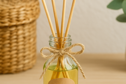 Aromatizador caseiro de varetas com líquido amarelo claro em frasco de vidro decorado com laço de sisal, sobre superfície de madeira clara, ao lado de ramo de eucalipto