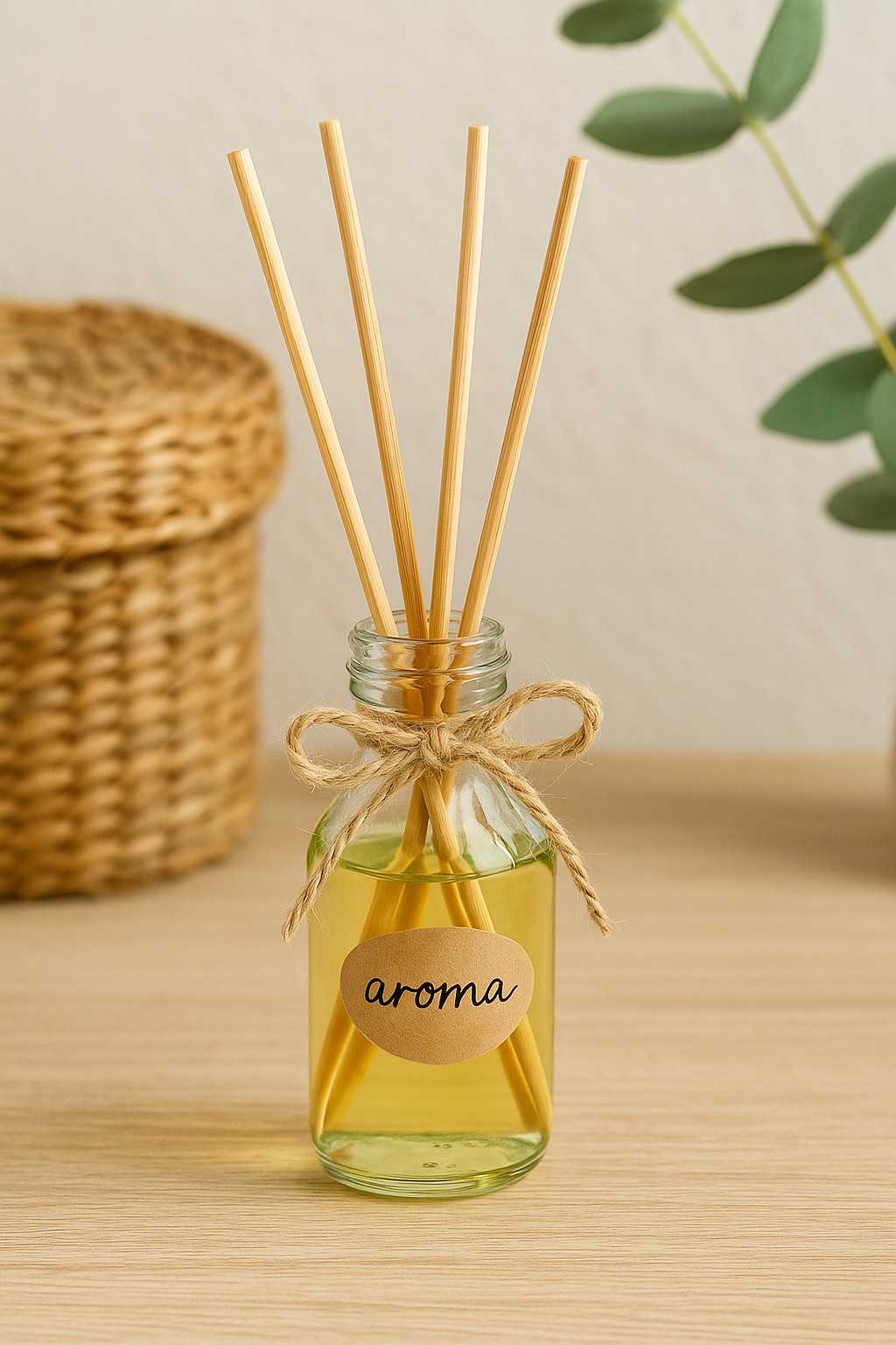 Aromatizador caseiro de varetas com líquido amarelo claro em frasco de vidro decorado com laço de sisal, sobre superfície de madeira clara, ao lado de ramo de eucalipto