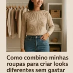 Mulher organizando looks com peças básicas em quarto iluminado, explorando diferentes combinações de roupas em frente ao espelho