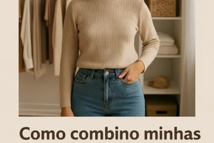 Mulher organizando looks com peças básicas em quarto iluminado, explorando diferentes combinações de roupas em frente ao espelho