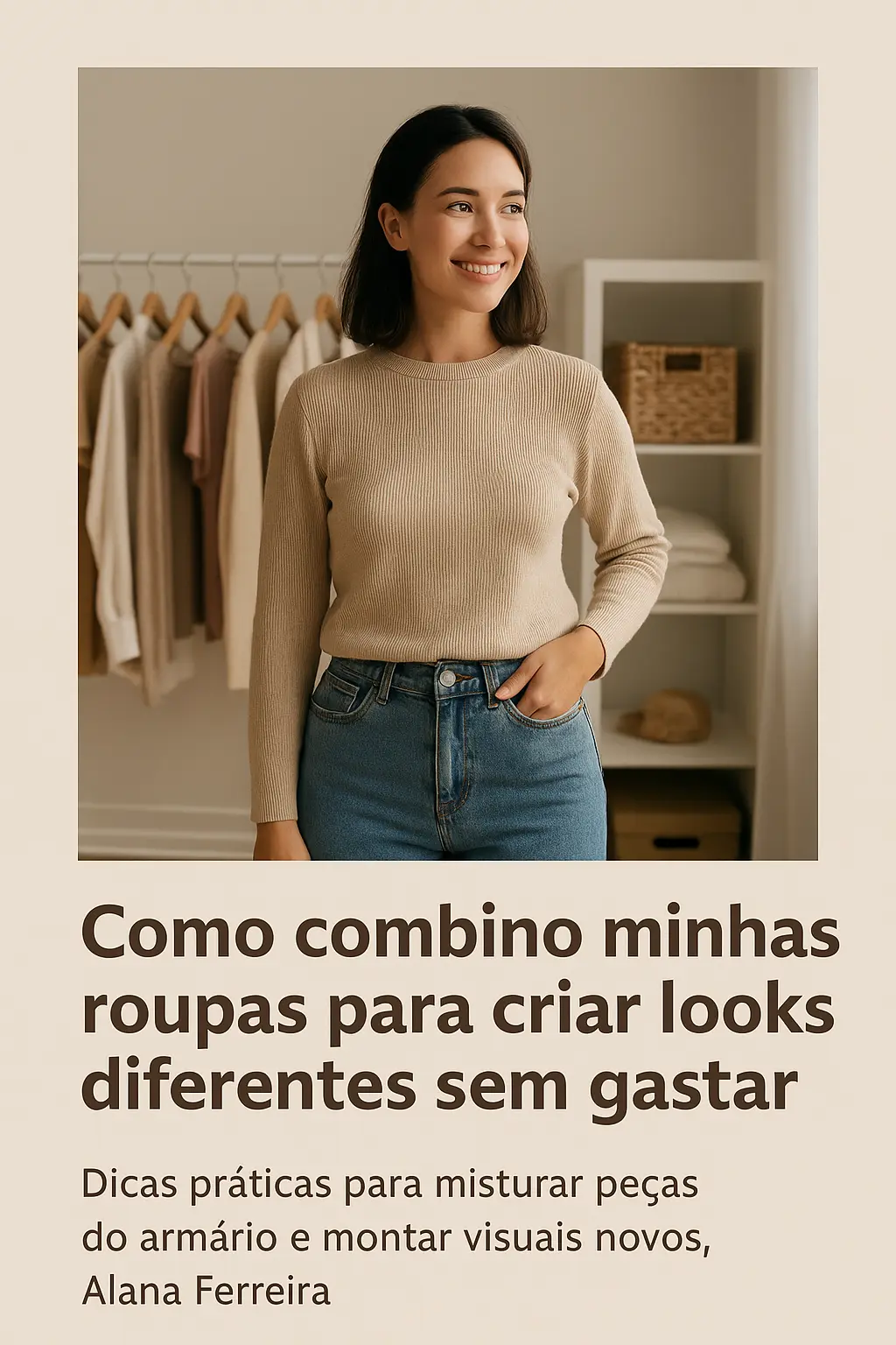 Mulher organizando looks com peças básicas em quarto iluminado, explorando diferentes combinações de roupas em frente ao espelho