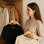 Mulher dobrando roupa em cama organizada, com peças de tecido claro ao redor e ambiente iluminado