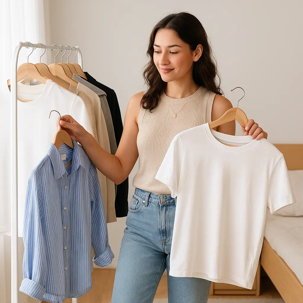 Mulher escolhendo roupas em frente ao guarda-roupa com peças neutras e coloridas, segurando blusa bege e analisando combinações