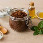 Pote de vidro com esfoliante de açúcar mascavo, ao lado de colher de madeira, óleo dourado em frasco pequeno, prato com óleo de coco e folhas frescas de hortelã sobre superfície de madeira clara