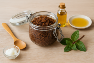 Pote de vidro com esfoliante de açúcar mascavo, ao lado de colher de madeira, óleo dourado em frasco pequeno, prato com óleo de coco e folhas frescas de hortelã sobre superfície de madeira clara