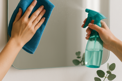 Mãos femininas limpando espelho com pano de microfibra azul e borrifador transparente verde-claro, com vaso de vidro e galho de eucalipto ao fundo