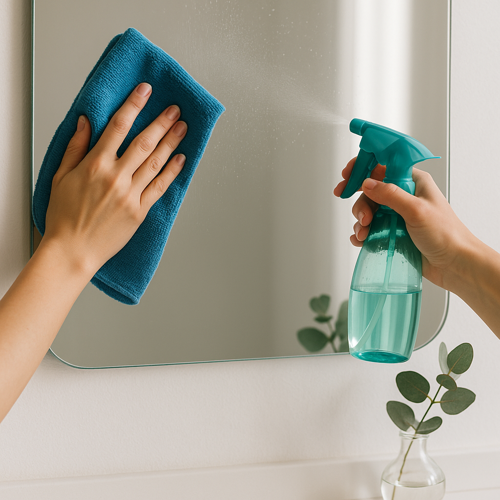 Mãos femininas limpando espelho com pano de microfibra azul e borrifador transparente verde-claro, com vaso de vidro e galho de eucalipto ao fundo
