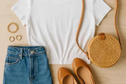 Roupas e acessórios femininos dispostos em flat lay sobre superfície de madeira clara, com camiseta branca, jeans azul, sapatilhas caramelo, bolsa de palha redonda e joias douradas