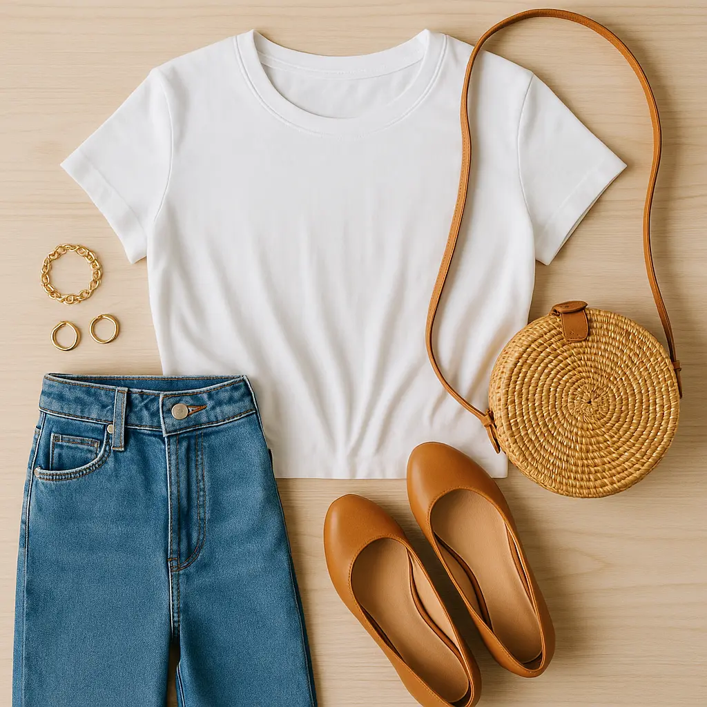 Roupas e acessórios femininos dispostos em flat lay sobre superfície de madeira clara, com camiseta branca, jeans azul, sapatilhas caramelo, bolsa de palha redonda e joias douradas
