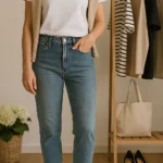 Mulher com camiseta branca, jeans de cintura alta e tênis branco, ao lado de arara com roupas básicas e bolsa de algodão em quarto iluminado