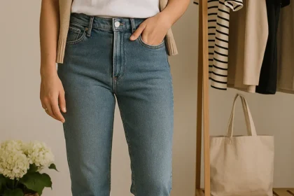 Mulher com camiseta branca, jeans de cintura alta e tênis branco, ao lado de arara com roupas básicas e bolsa de algodão em quarto iluminado