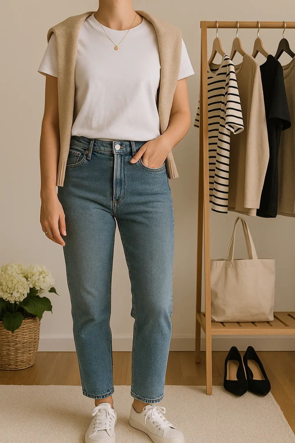 Mulher com camiseta branca, jeans de cintura alta e tênis branco, ao lado de arara com roupas básicas e bolsa de algodão em quarto iluminado