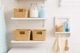 Lavanderia compacta com máquina de lavar branca, cestos organizadores de palha, frascos com produtos de limpeza e suportes na parede para acessórios