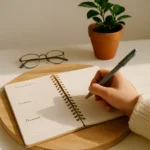Caderno de anotações com divisão de tarefas diárias (prioridades, extras, pessoal) em mesa organizada com planta, óculos e mão feminina escrevendo