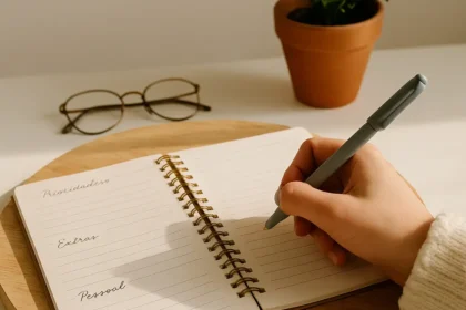 Caderno de anotações com divisão de tarefas diárias (prioridades, extras, pessoal) em mesa organizada com planta, óculos e mão feminina escrevendo