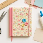 Caderno floral personalizado com tecido, botões coloridos e elástico rosa, cercado por cola, tesoura, régua e retalhos de tecido sobre superfície branca