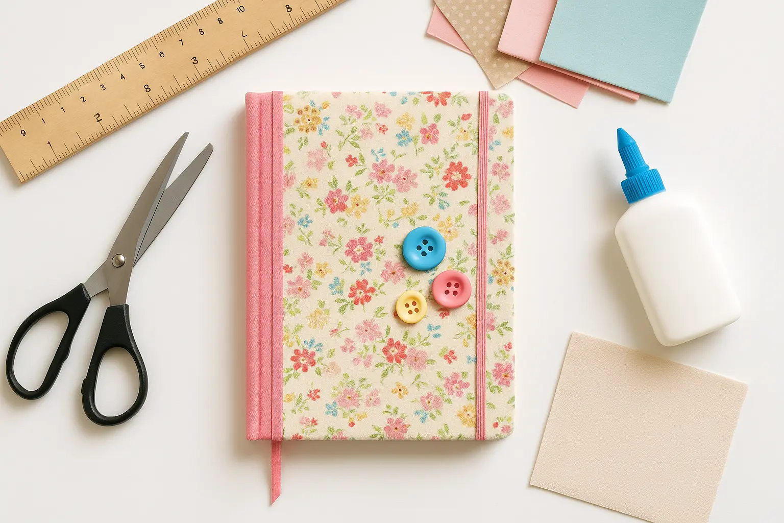 Caderno floral personalizado com tecido, botões coloridos e elástico rosa, cercado por cola, tesoura, régua e retalhos de tecido sobre superfície branca