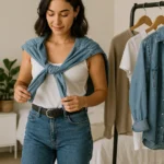 Mulher estilosa com blusa branca e camisa jeans amarrada sobre os ombros, em quarto iluminado e organizado com roupas ao fundo