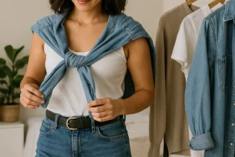 Mulher estilosa com blusa branca e camisa jeans amarrada sobre os ombros, em quarto iluminado e organizado com roupas ao fundo
