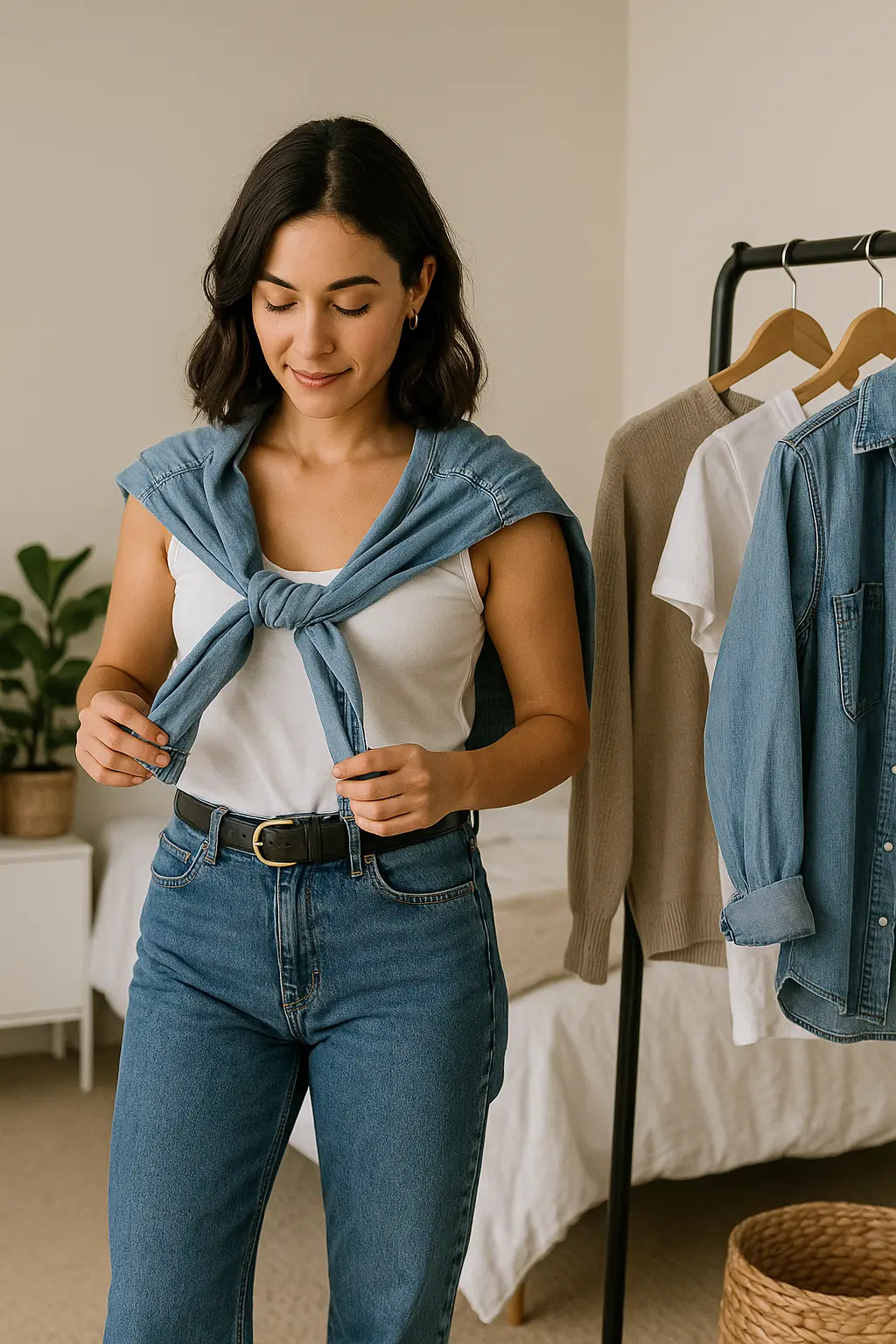 Mulher estilosa com blusa branca e camisa jeans amarrada sobre os ombros, em quarto iluminado e organizado com roupas ao fundo