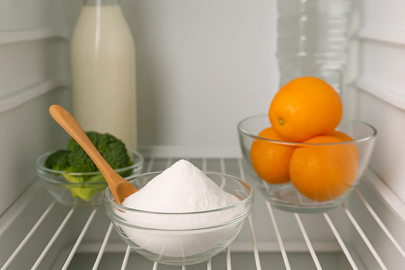 Interior de uma geladeira limpa e organizada com potes de vidro, frutas frescas e pote aberto com bicarbonato de sódio sobre a prateleira