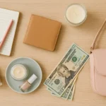 Itens femininos organizados sobre uma mesa de madeira clara, incluindo carteira, bolsa rosa, caderno, caneta, esmaltes e dinheiro