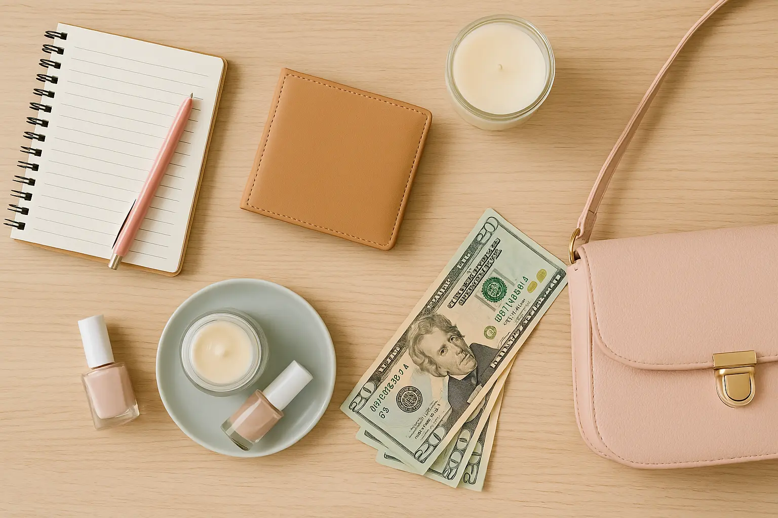 Itens femininos organizados sobre uma mesa de madeira clara, incluindo carteira, bolsa rosa, caderno, caneta, esmaltes e dinheiro