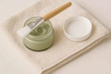 Pote de vidro com máscara facial de argila verde sobre toalha bege, com pincel de cerdas brancas e tampa ao lado