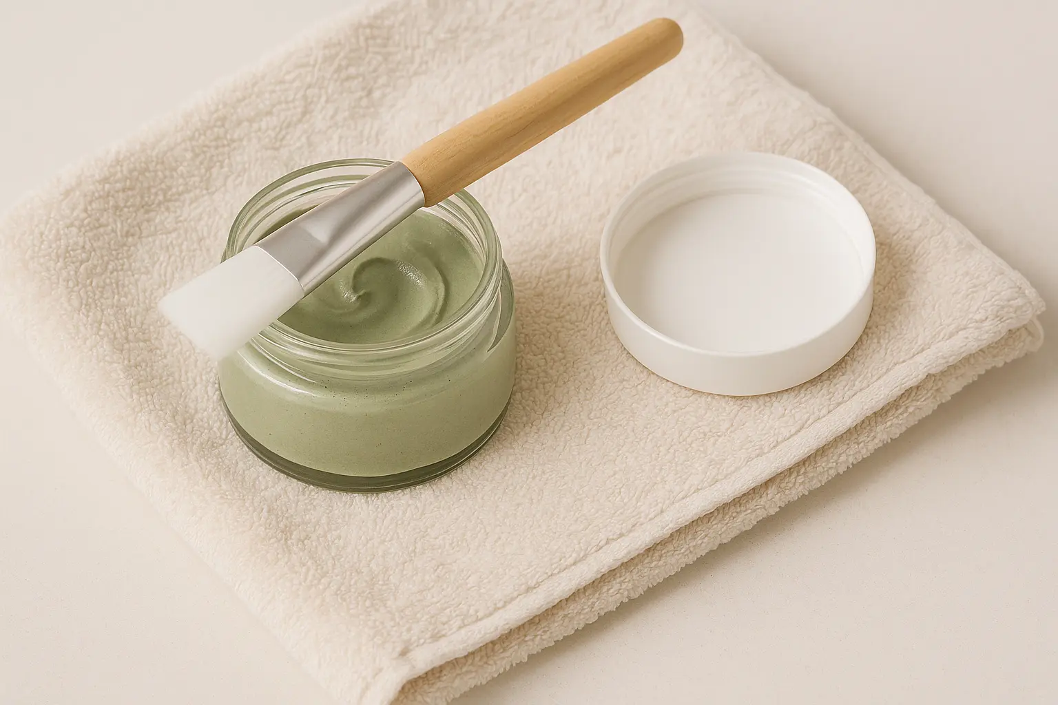 Pote de vidro com máscara facial de argila verde sobre toalha bege, com pincel de cerdas brancas e tampa ao lado