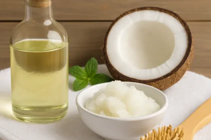 Pote de vidro com óleo de coco líquido, tigela com óleo sólido, metade de coco fresco, escova de cabelo de bambu e toalha branca sobre superfície de madeira