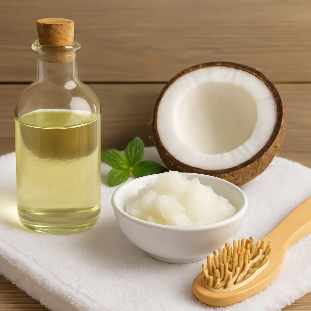 Pote de vidro com óleo de coco líquido, tigela com óleo sólido, metade de coco fresco, escova de cabelo de bambu e toalha branca sobre superfície de madeira