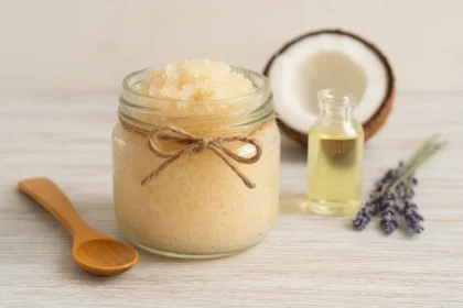 Esfoliante corporal caseiro com açúcar e óleo de coco em pote de vidro decorado com barbante, ao lado de óleo vegetal, coco e lavanda
