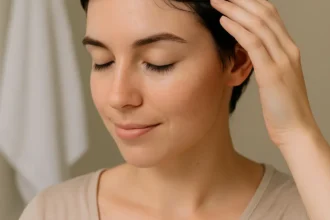 Rosto de mulher sorrindo com cabelo limpo e pele iluminada após cuidados naturais