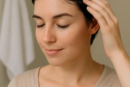Rosto de mulher sorrindo com cabelo limpo e pele iluminada após cuidados naturais