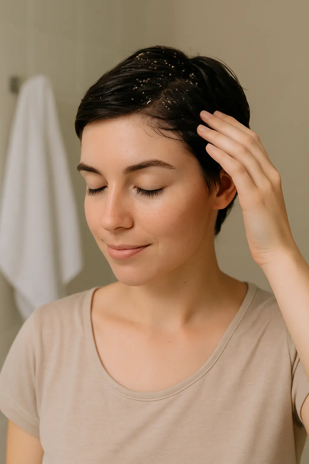 Rosto de mulher sorrindo com cabelo limpo e pele iluminada após cuidados naturais