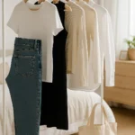 Roupas básicas femininas penduradas em arara branca de metal com jeans, camiseta branca, vestido preto e camisas neutras, ao lado de bolsa de lona bege em quarto iluminado