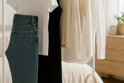 Roupas básicas femininas penduradas em arara branca de metal com jeans, camiseta branca, vestido preto e camisas neutras, ao lado de bolsa de lona bege em quarto iluminado