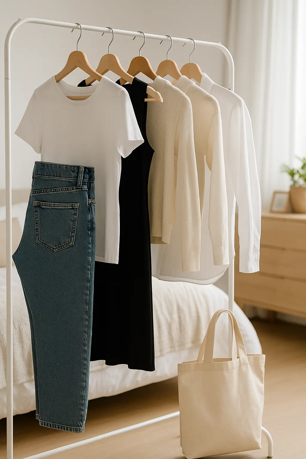 Roupas básicas femininas penduradas em arara branca de metal com jeans, camiseta branca, vestido preto e camisas neutras, ao lado de bolsa de lona bege em quarto iluminado