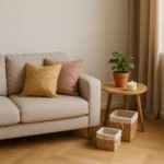 Cantinho de sala de estar com sofá bege, almofadas coloridas e mesa lateral com vela, planta e cestos organizadores com truques para manter a casa organizada