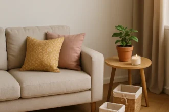 Cantinho de sala de estar com sofá bege, almofadas coloridas e mesa lateral com vela, planta e cestos organizadores com truques para manter a casa organizada