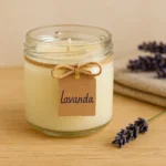 Vela artesanal em pote de vidro decorado com laço de sisal e etiqueta “lavanda”, sobre superfície de madeira com ramo de lavanda seca, do post como fazer velas artesanais decorativas