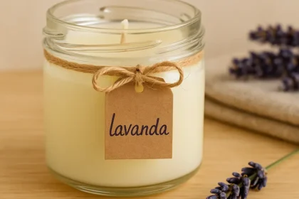 Vela artesanal em pote de vidro decorado com laço de sisal e etiqueta “lavanda”, sobre superfície de madeira com ramo de lavanda seca, do post como fazer velas artesanais decorativas