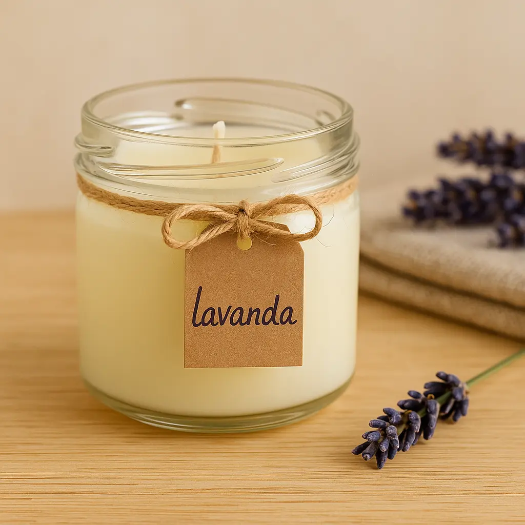 Vela artesanal em pote de vidro decorado com laço de sisal e etiqueta “lavanda”, sobre superfície de madeira com ramo de lavanda seca, do post como fazer velas artesanais decorativas